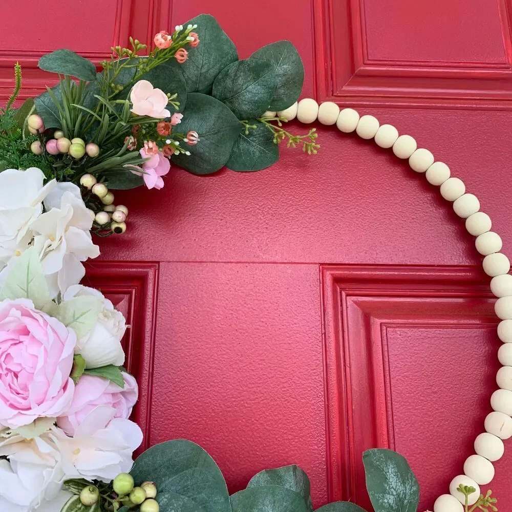 Floral Hoop Wreath: Pink Roses, Eucalyptus, Wood Beads - Boho Farmhouse Decor